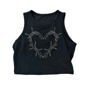 Black Crop Top with Rhinestone Heart Design